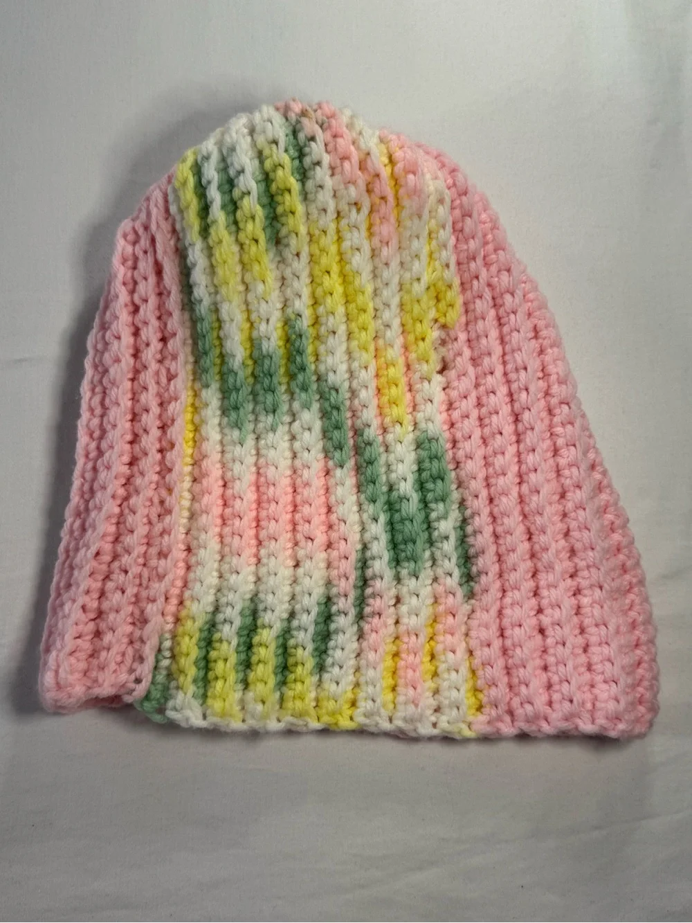 Handmade Lot of 2 Crocheted Pastel Beanie Hats Pink Green Yellow White